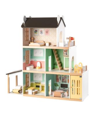Light-Up Dollhouse for Girls, 3-Story Wooden House with Balcony & Furniture