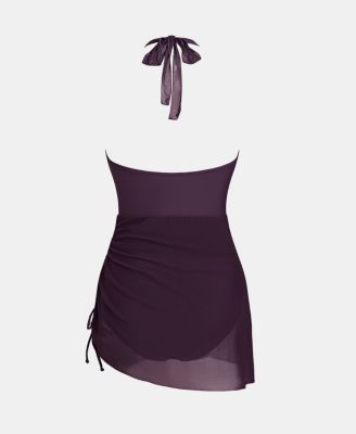 Women's U-Wire Neck Halter Drawstring Mesh One Piece Swim Dress