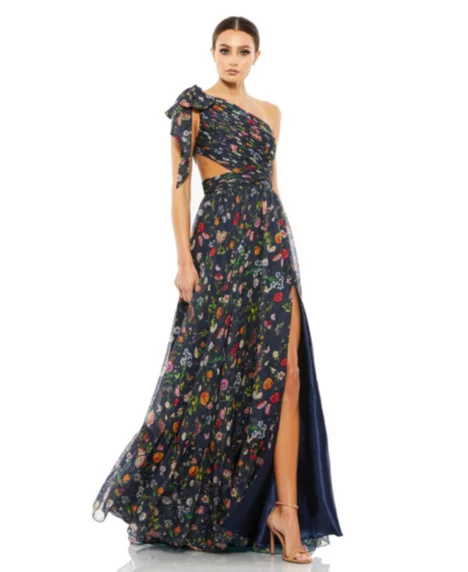 Petite One-Shoulder Cut-Out Flowy Gown - Navy multi