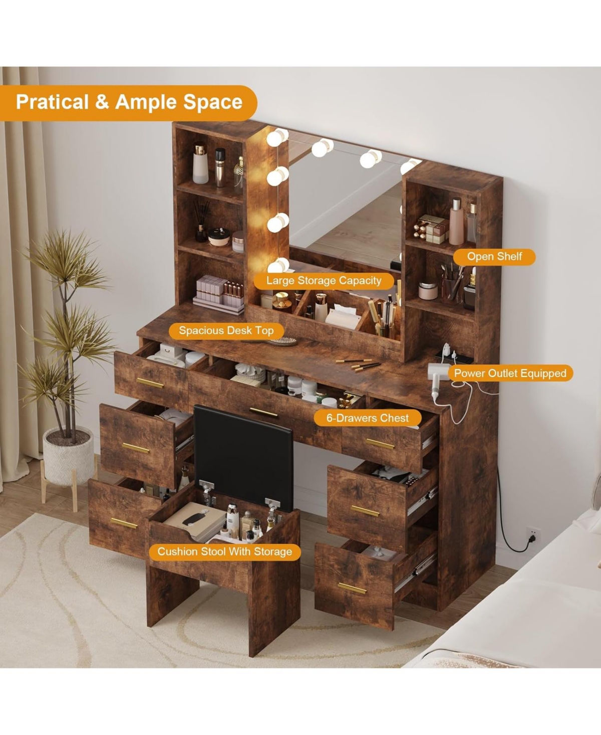 Gaomon Modern Vanity Set Led Mirror for Bedrooms, Apartments, Easy to Assemble