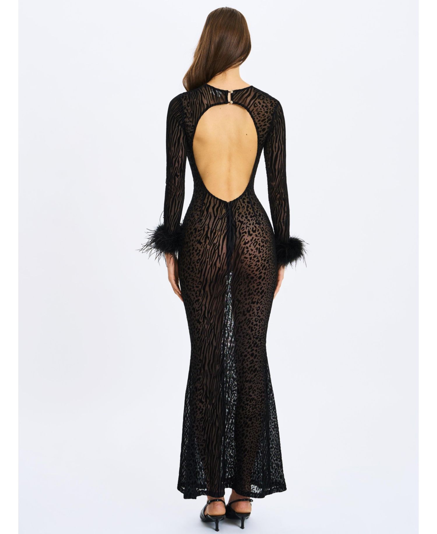 Women's Patricia Black Leopard Burnout Velvet Mesh Backless Maxi Dress