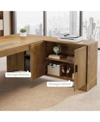 L-Shaped Executive Desk, 78-Inch Office Desk with Storage Cabinet and 2-Tier Shelf, Large Wooden Computer Writing Table