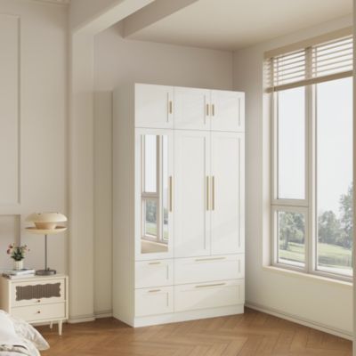 Wardrobe with Top Cabinet and Mirror, Bedroom Closet, Armoire,