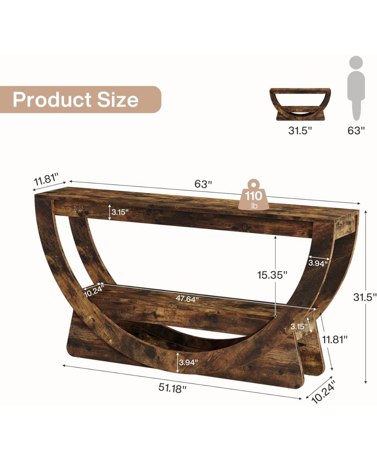 Tribesigns 63-Inch Console Table, Farmhouse 2-Tier Entryway Table with Arched Open Shelf, Narrow Long Sofa Table Behind Couch, Wooden Accent Table