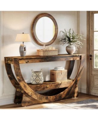 63-Inch Console Table, Farmhouse 2-Tier Entryway Table with Arched Open Shelf, Narrow Long Sofa Table Behind Couch, Wooden Accent Table