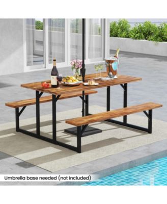 Outdoor Acacia Wood Picnic Table with 2 Benches for 6 Person