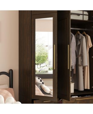 Wardrobe With Top Cabinet And Mirror，Bedroom Closet，Armoire,Brown