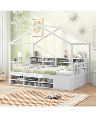 Twin Size House Bed Wooden Platform Bed Frame with Roof & 14 Storage Cubes