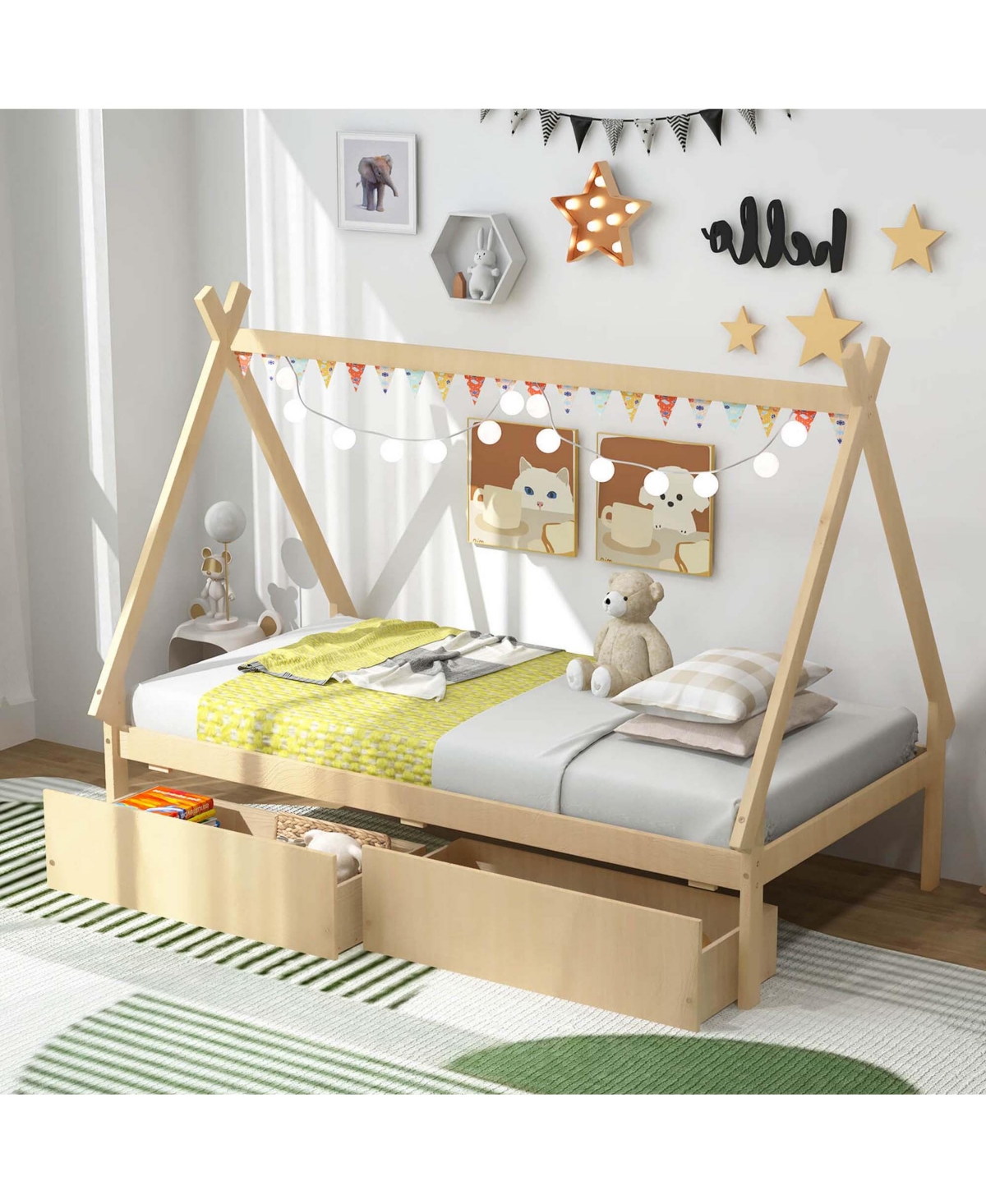Costway Twin Wooden House Bed with 2 Drawers Roof Storage for Boys & Girls