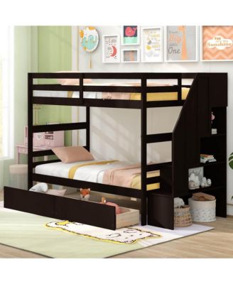 Twin Over Twin Bunk Bed with Storage Stairs & Drawers Full-length Guardrails