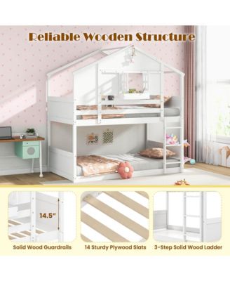 Twin Over Twin Bunk Bed for Kids with Roof Lockable Window Storage Box Wood Slats