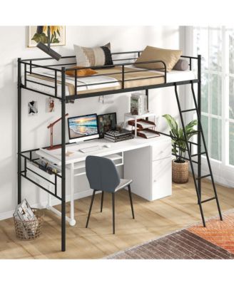 Twin Size Metal Loft Bed Single Loft Bunk Bed with Full-Length Guardrail
