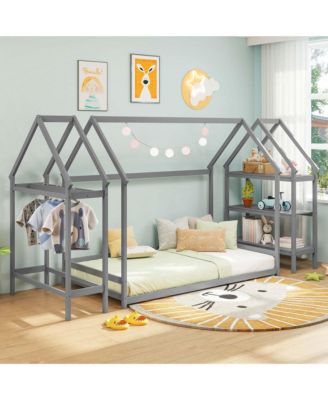 Twin Size House Bed Montessori Floor Bed with Detachable Storage Shelves