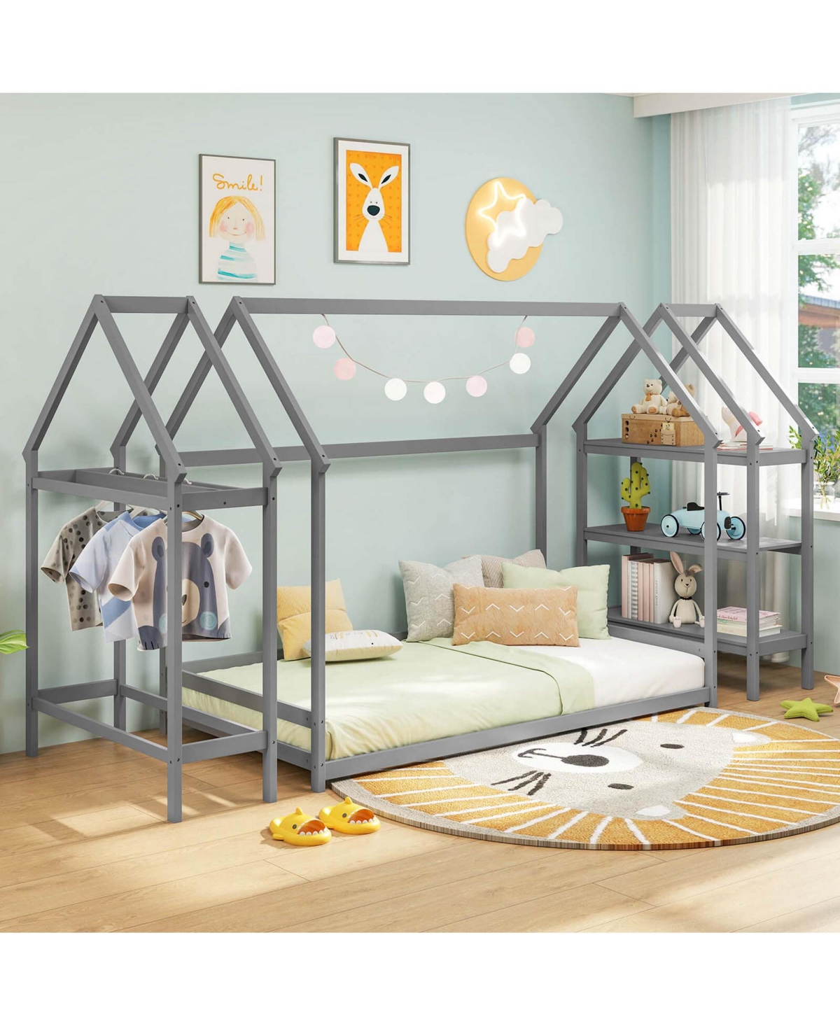 Costway Twin House Bed Montessori Floor with Detachable Storage Shelves