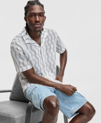 Men's Short-Sleeve Relaxed Wave-Knit Camp-Collar Shirt