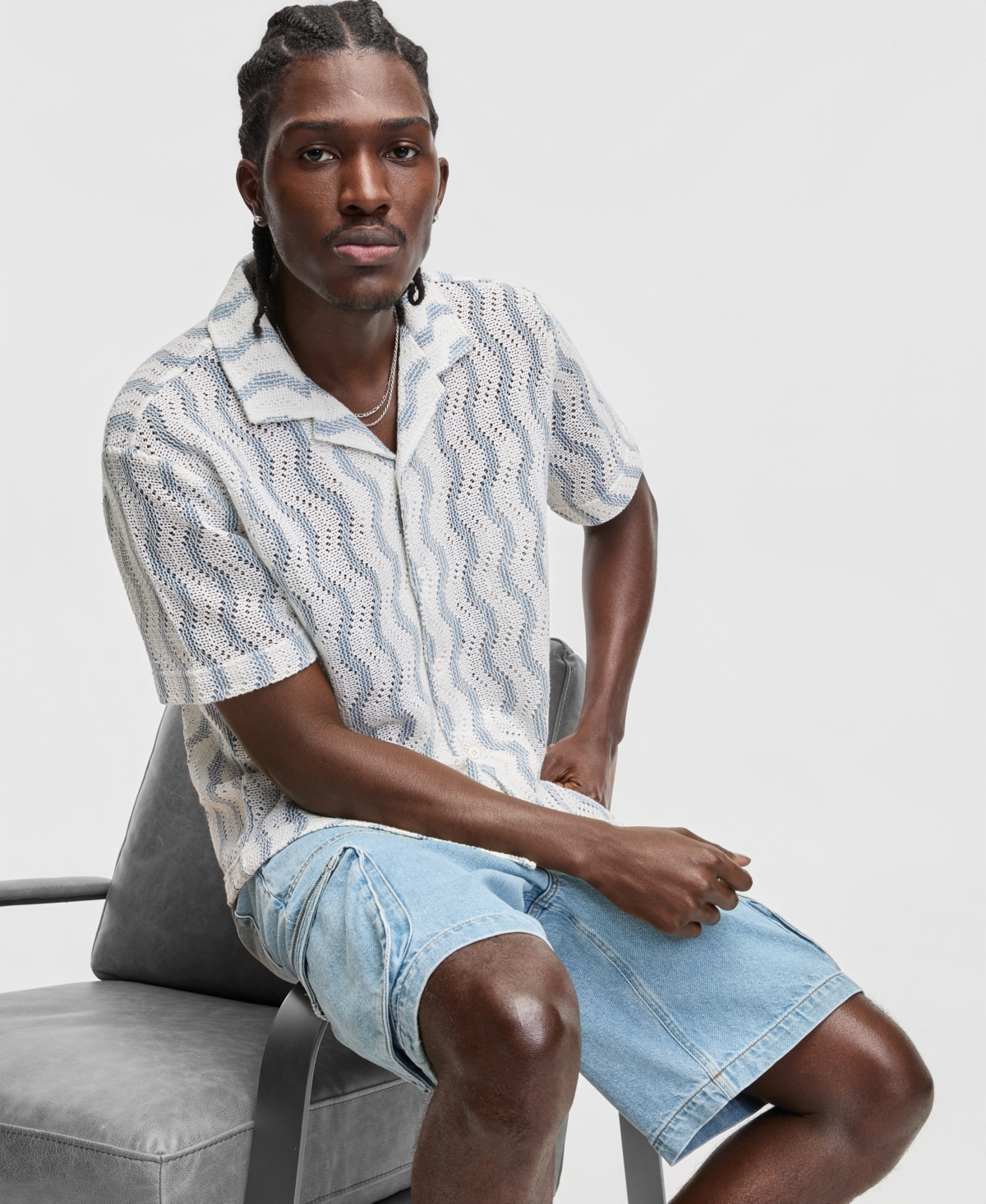 Mode of One Men's Short-Sleeve Relaxed Wave-Knit Camp-Collar Shirt, Macy's Exclusive