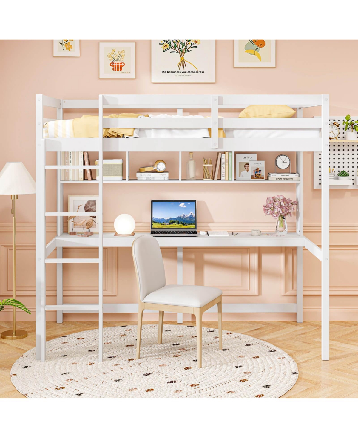 Costway Twin Size Loft Bed with Desk & Shelves Safety Guardrails & Ladder Storage