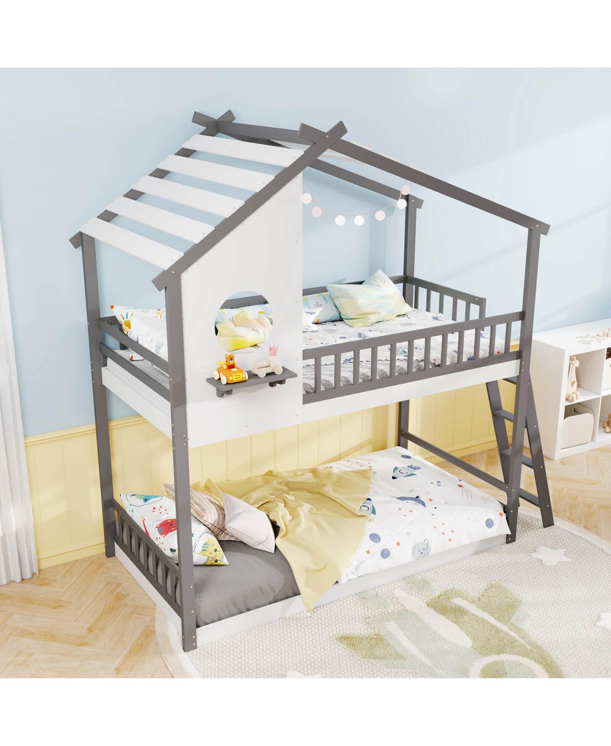 Costway Twin over Twin House Bunk Bed with Roof Ladder & Full-length Guardrails for Kids
