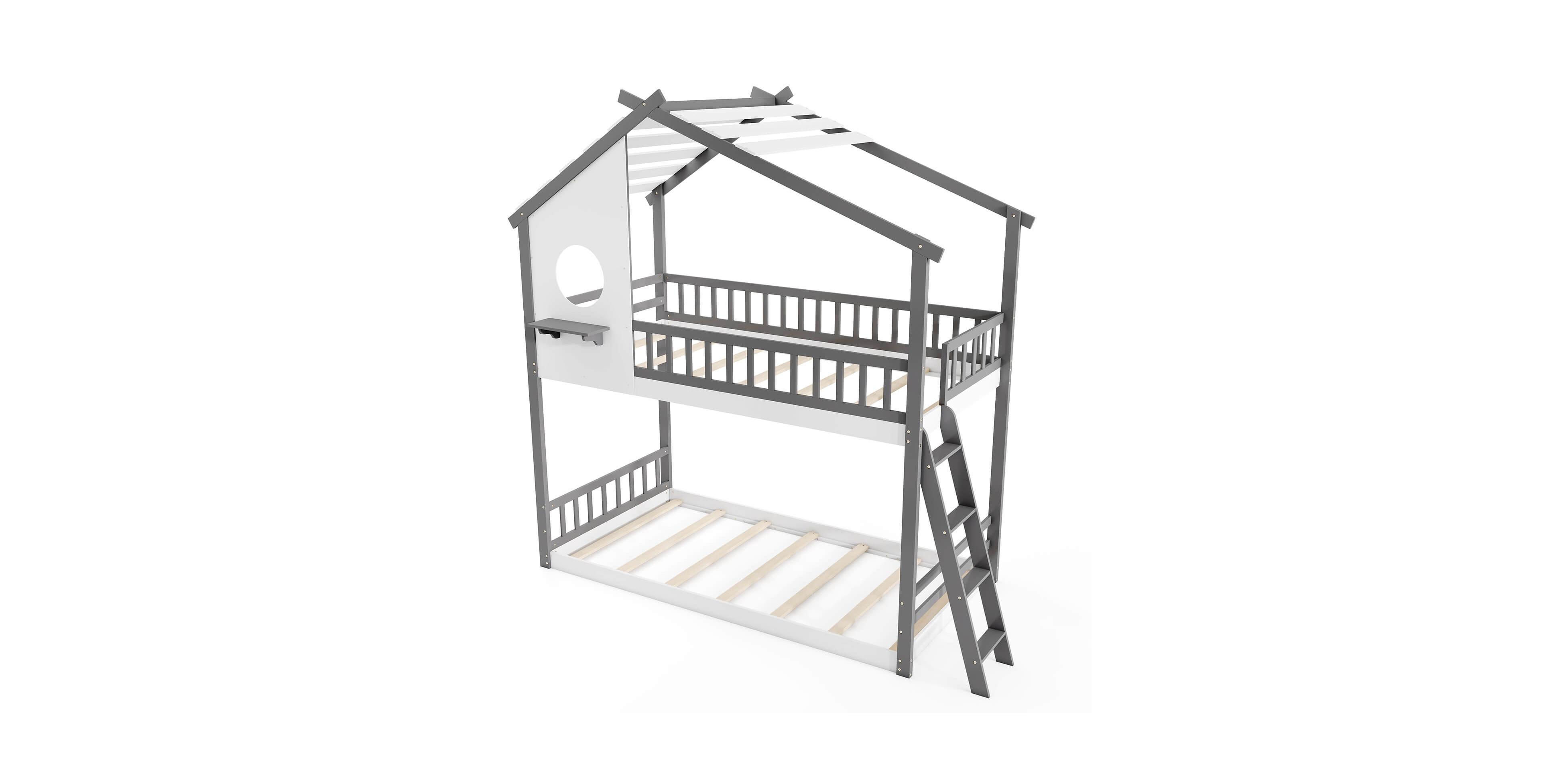 Costway Twin over Twin House Bunk Bed with Roof Ladder & Full-length Guardrails for Kids