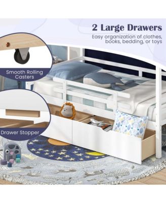 Twin House Bed Solid Wood Playhouse Bed Low Loft Bed with Tent 2 Storage Drawers