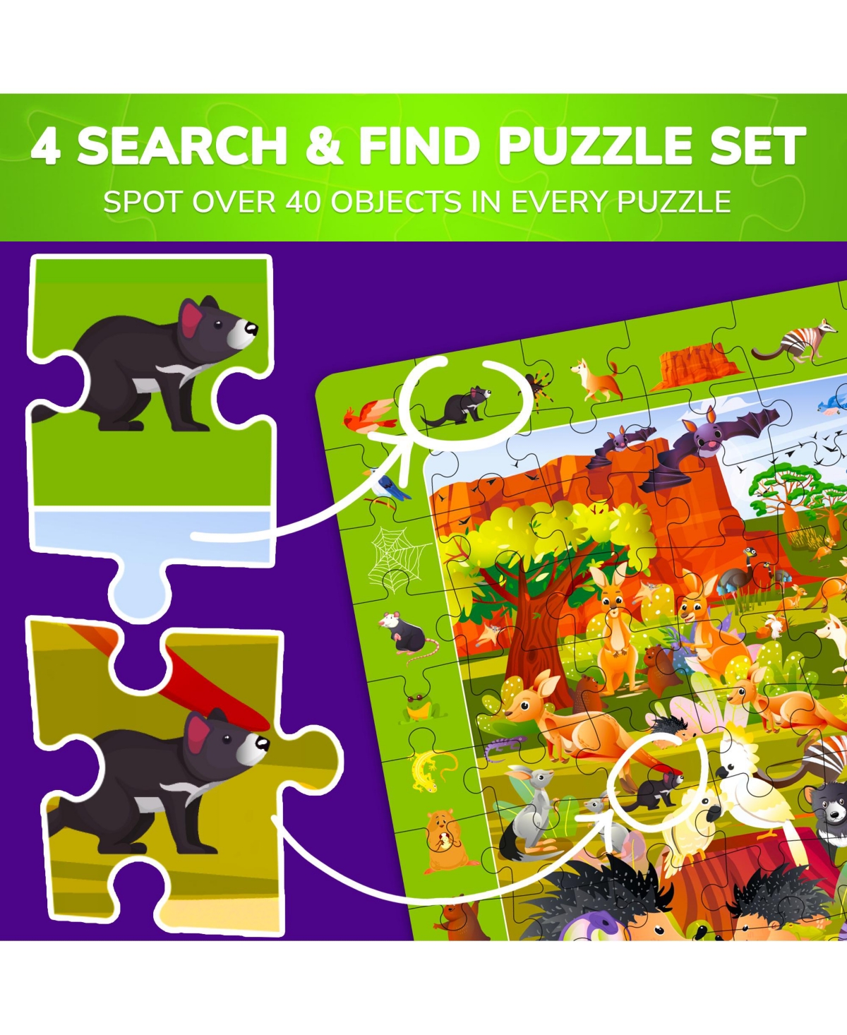 Quokka 4xSET 100 Piece Puzzles for Kids Ages 4-6 – Search and Find Artist-Crafted Illustrations