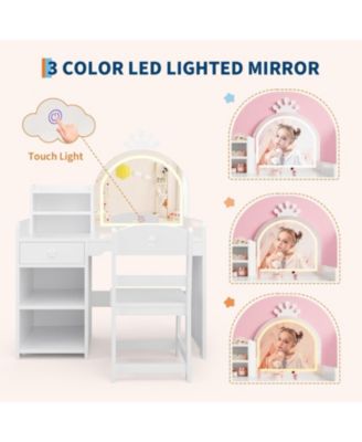 Kids Vanity Lighted Mirror - 2 in 1 Princess Vanity Set Toddler Vanity Table and Chair Set for Bedrooms, Apartments