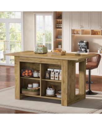 Kitchen Island with Storage and Seating, 63 Inch Island Table with Extra Large Worktop, Natural Oak