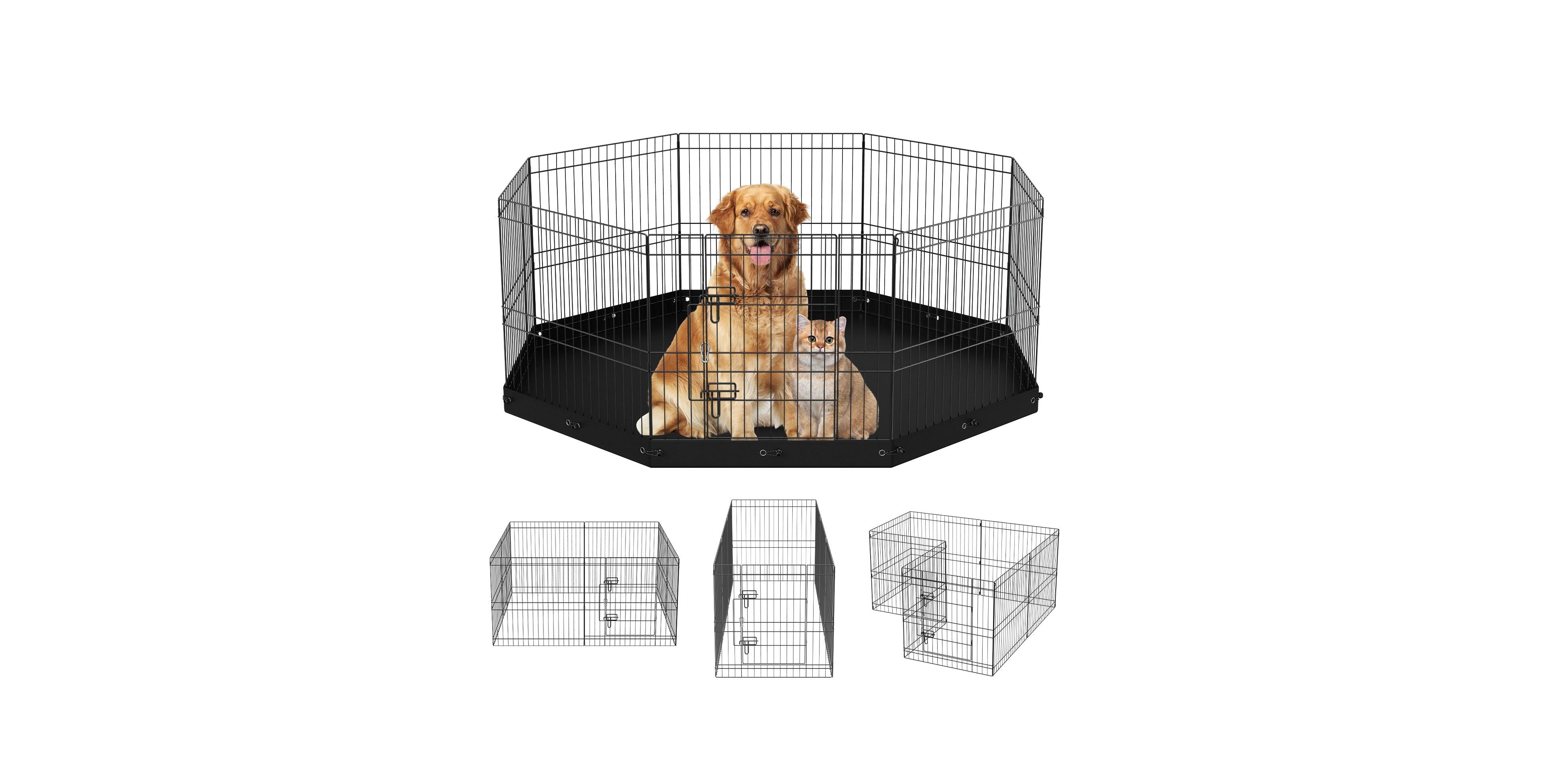 Dog Playpen, 8-Panel Foldable Metal Exercise Pen w/ Bottom Pad, 24 in H, Puppy Fence w/ Ground Stakes, Indoor/Outdoor