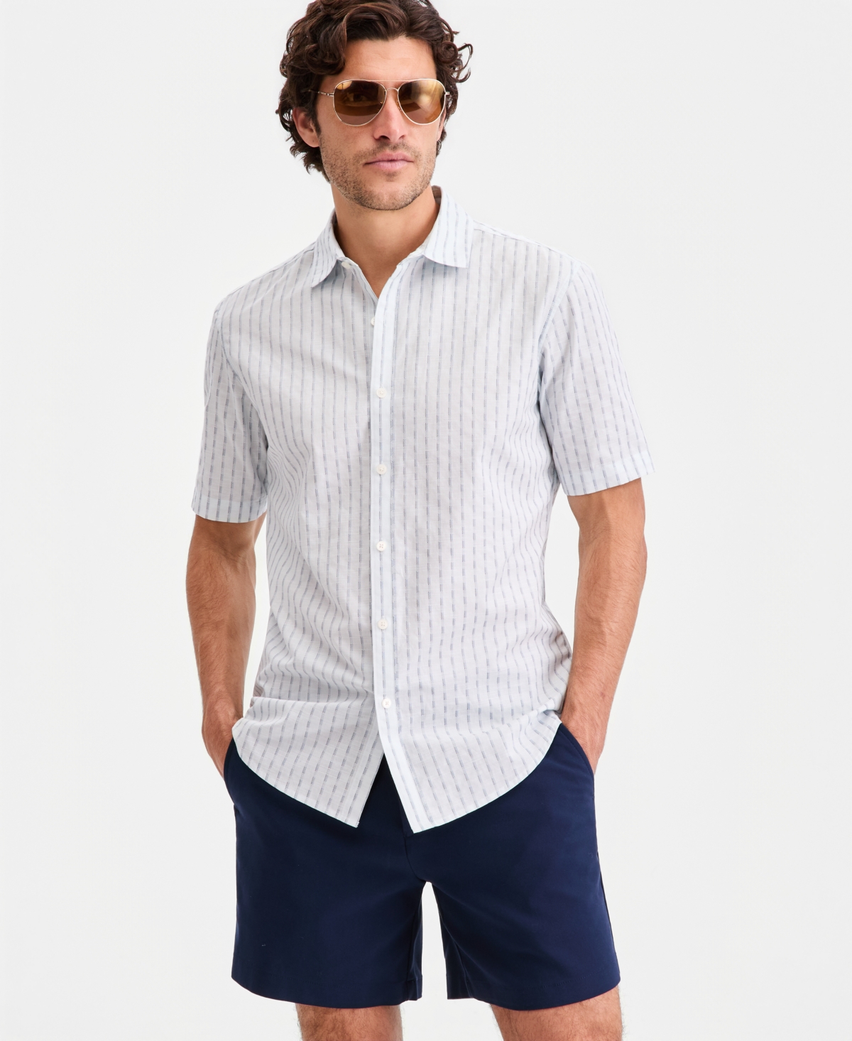 Alfani Men's Cotton Textured-Stripe Short-Sleeve Shirt, Macy's Exclusive