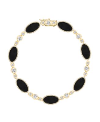 Jade (12x6mm) and White Sapphire (0.17 ct. t.w.)  Bracelet in 14k Gold Over Sterling Silver (Also Available in Onyx)