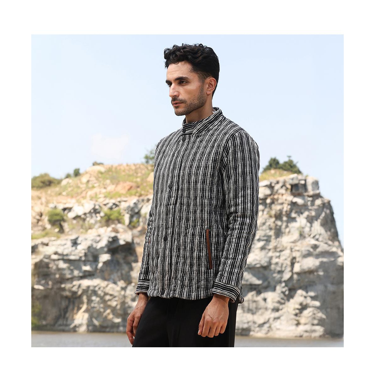 Campus Sutra Men's Midnight Black Woven-Striped Quilted Jacket