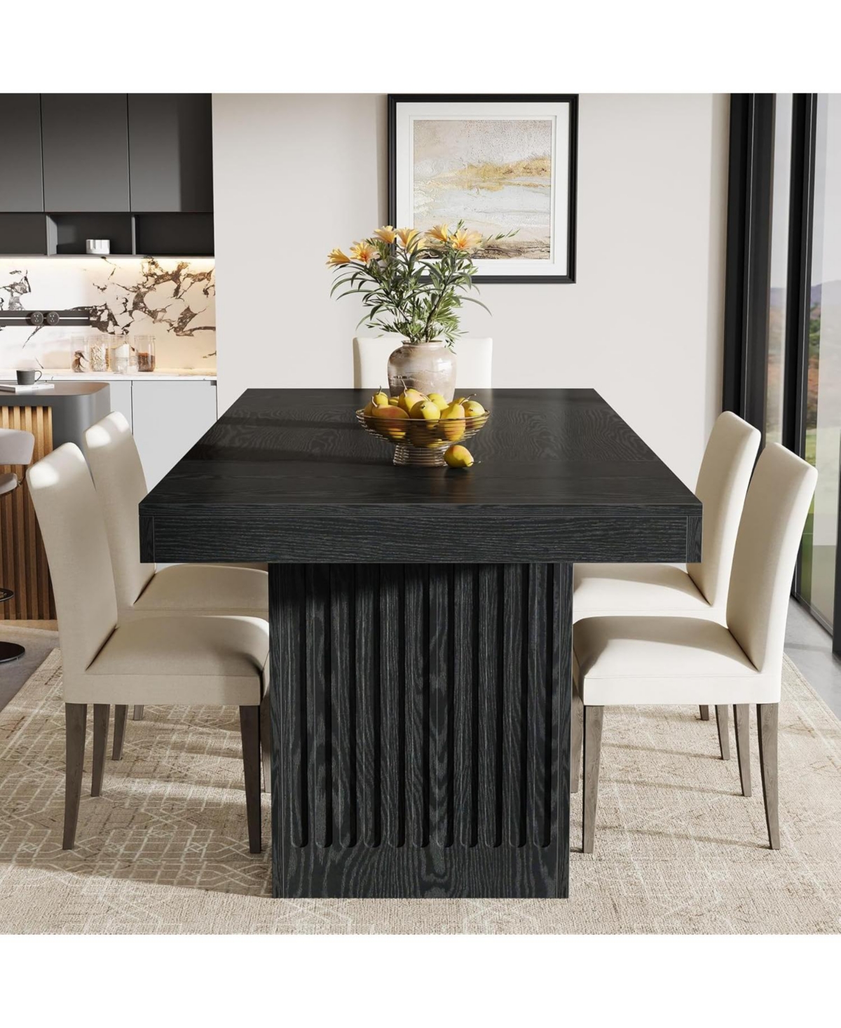 Tribesigns Dining Table for 4-6 People, 63 Inch Modern Rectangle Kitchen Table with Pedestal Base, Large Dinner Furniture, Black