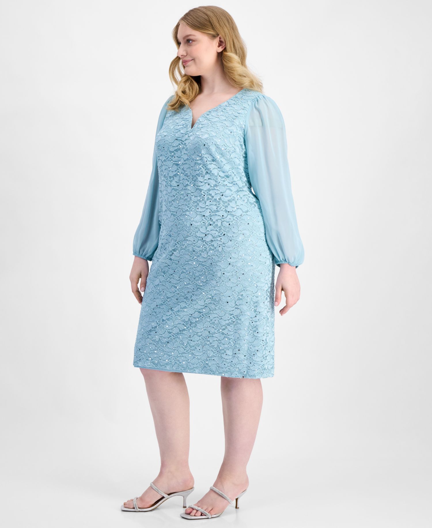 Petite Sequined Lace Blouson-Sleeve Dress
