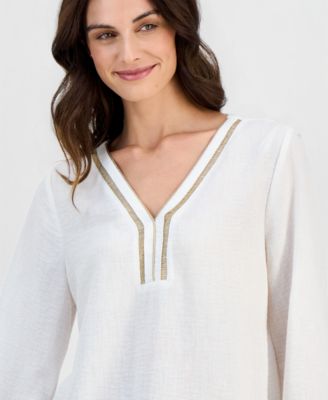 Women's Ladder-Trim Crinkle Gauze V-Neck Top