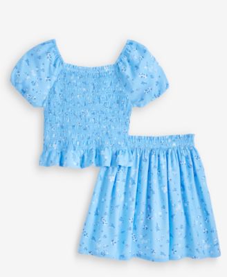 Girls' 5-20 Puff-Sleeve Smocked Top & Skirt, 2-Piece Set