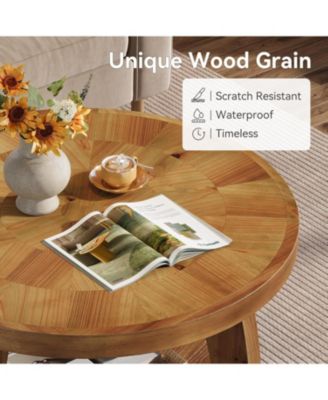 Solid Wood Round Coffee Table, 2-Tier Center Table with Storage, 31.5 Inch Wood Tabletop with Mosaic Pattern, Easy Assembly