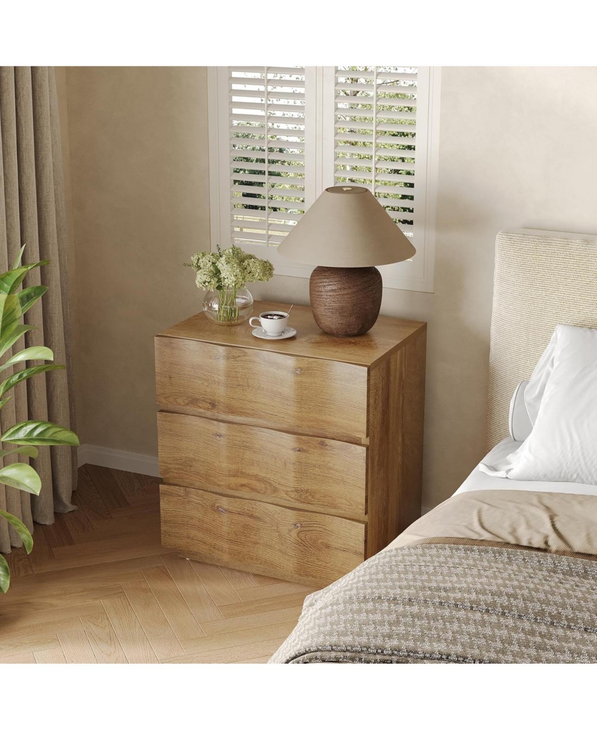 Tribesigns Fluted Nightstand Set of 2, Side Table with 3 Drawers, Farmhouse Bedside Table, Wood Nightstand, Bedroom Dresser, Rustic Wood End Table