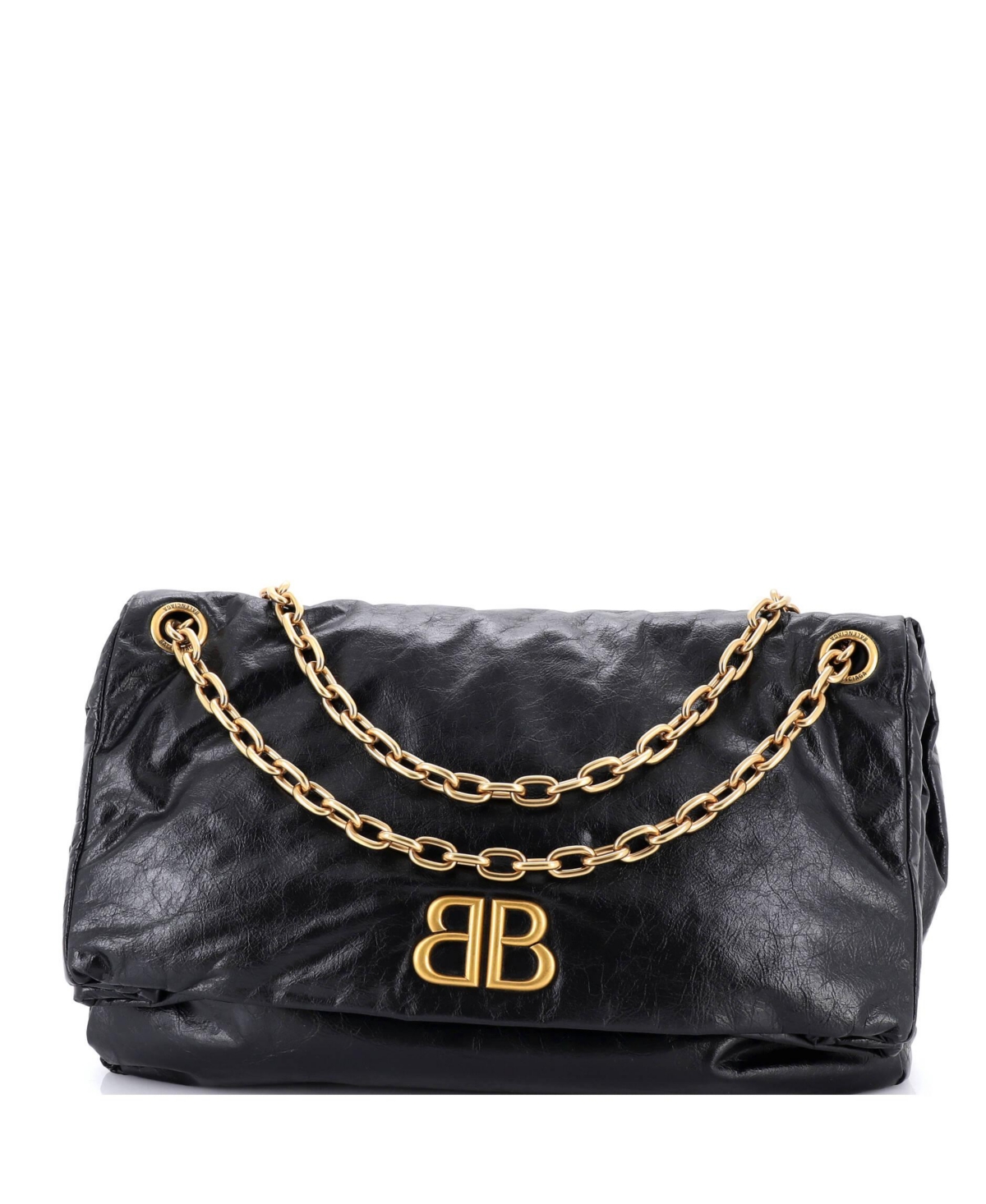 Pre-Owned Balenciaga Large Monaco Chain Flap Shoulder Bag Leather - Black