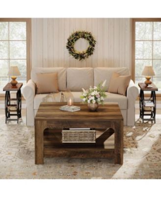 Square Coffee Table for Living Room, 39.4-Inch Large Farmhouse Wooden Center Tea Accent Table with 2-Tier Storage, Rustic Brown