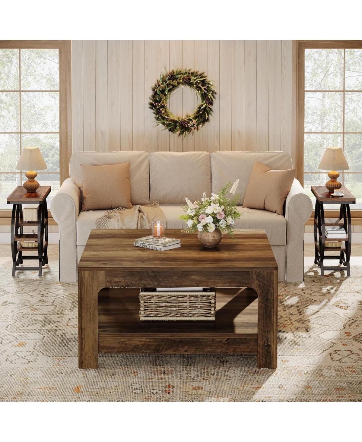 Tribesigns Square Coffee Table for Living Room, 39.4-Inch Large Farmhouse Wooden Center Tea Accent Table with 2-Tier Storage, Rustic Brown