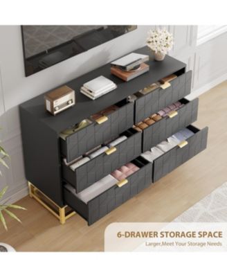 Black 6-Drawer Modern Double Dresser, Long Bedroom Storage Chest with Gold Handles for TV Area, Living Room, or Entryway
