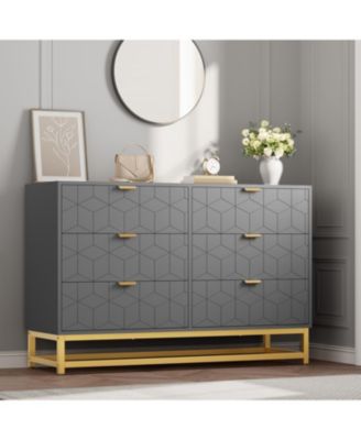 Black 6-Drawer Modern Double Dresser, Long Bedroom Storage Chest with Gold Handles for TV Area, Living Room, or Entryway