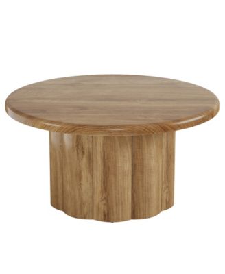 31.5" Round Coffee Table for Living Room, Farmhouse Circle Center Cocktail Table with Fluted Drum Base, Wooden Living Room Furniture