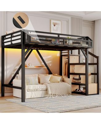 Twin XL Loft Bed with Storage Stairs, Shelves, Wardrobe, USB, LED Lights