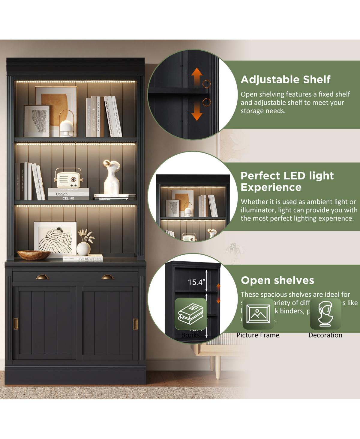 Streamdale Furniture Led Lighting Bookshelf Suite with Sliding Doors & Drawers, White