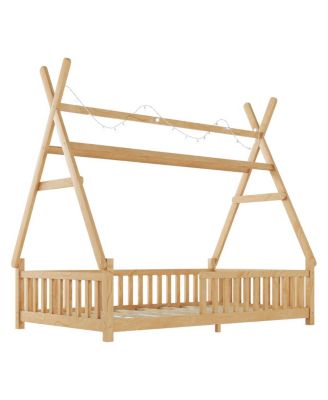 Twin House Bed with Light, Low Floor, Fence, Roof for Kids Boys Girls