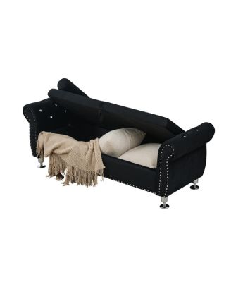 Streamdale Soft Velvet Storage Bench with Crystal Buttons & Pillow (Black)