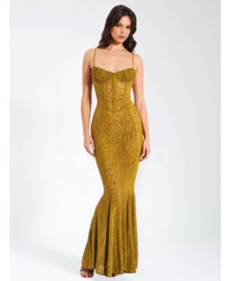 Women's Ulani Gold Burnout Velvet Detail Mesh Maxi Dress