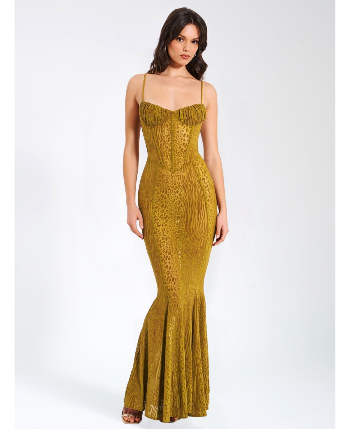 Miss Circle Women's Ulani Gold Burnout Velvet Detail Mesh Maxi Dress