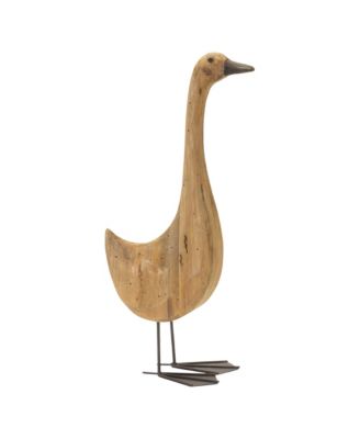 Set of 2 Natural Fir Wood Goose Figurines with Rustic Metal Accents